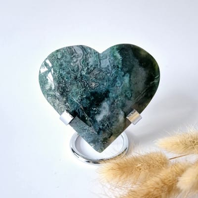 Edelsteen Grote Druzy Mosagaat Hart op Metalen Standaard – #58 188gram