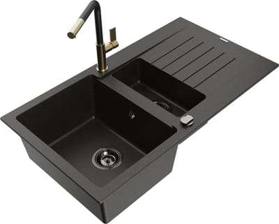 Mexen Matias granieten spoelbak 1,5-komors met afdruiprek en keukenkraan Flora, zwart/goud - 6502-75-670401-57-B