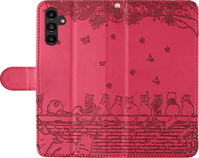 BookCover Hoes Etui geschikt voor Samsung Galaxy S24 FE - Rood - Katten op muurtje - Reliëf