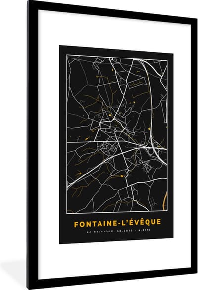 Fotolijst incl. Poster - Fontaine-L'Évêque - Plattegrond - Goud - Kaart - Stadskaart - 80x120 cm - Posterlijst