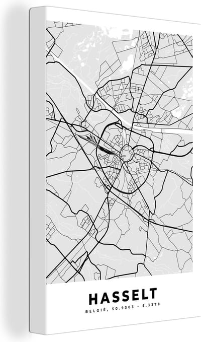 Canvas Schilderij Plattegrond – Hasselt – Zwart Wit – Stadskaart - Kaart - 20x30 cm - Wanddecoratie