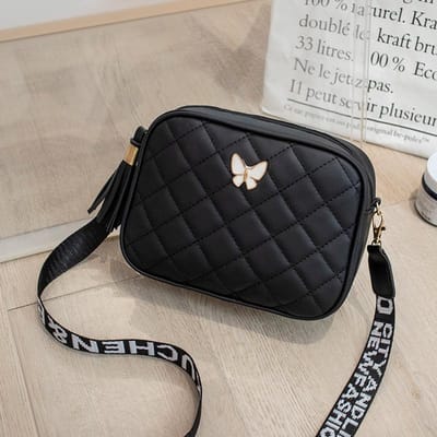 Sac carré en diamant papillon pour femmes, sacs à bandoulière en cuir, sac messager décontracté 18x6x13.5cm noir