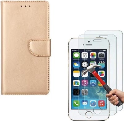 hoesje Geschikt voor: iPhone 5 / 5C / 5S / SE Portemonnee Goud met 2 stuks Glas Screen protector