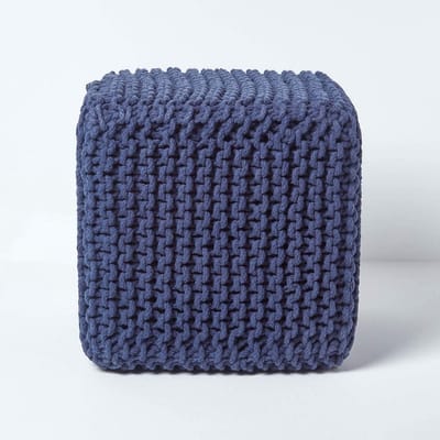 Grote Gebreide Kubus Poef - Marineblauw - 100% Katoen