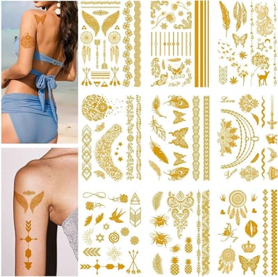 Gouden tijdelijke tattoos voor festivals, metallic accessoires voor volwassenen en feestelijke gelegenheden, perfect voor dagelijks gebruik.