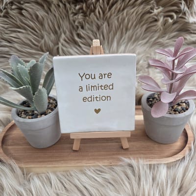 Robuust Wenstegeltje – You Are a Limited Edition – Hip trendy tegeltje – Uniek Cadeau voor Vriendin, Juf, Tante, Zus of Collega – Stijlvolle Woondecoratie met Boodschap – Trendy nu – Decoratief Tegeltje met Standaard – Cadeau Idee