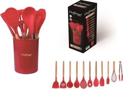 Cheffinger Kookgerei set 12-delig met Houder - Rood - Keukengerei Set - Garde - Spatel - Silicone