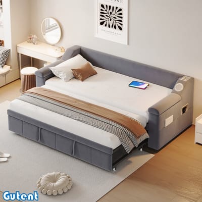 Gutent Slaapbank - 90/180*190 cm - met slimme Bluetooth-stereo - met USB-oplaadaansluiting - Opbergruimte - Fluweel - Grijs - Geen matras
