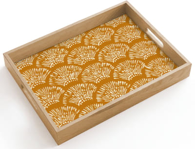 Dienblad hout 40x30 cm - Schootdienblad - Waaierachtige motieven - Geel - Vintage - Borrelplank rechthoek - Plateau dienbladen