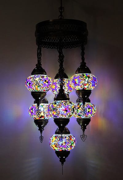 Turkse hanglamp - mozaïek glas multicolour - 7 bollen - hoogte 145 cm en breedte 45 cm