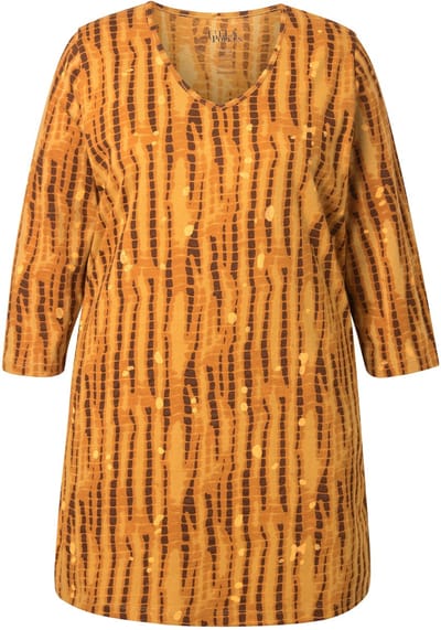 Ulla Popken - Dames - Longshirt batikpatroon A-lijn V-hals 3/4-mouwen - Mosterdgeel - Maat 42+