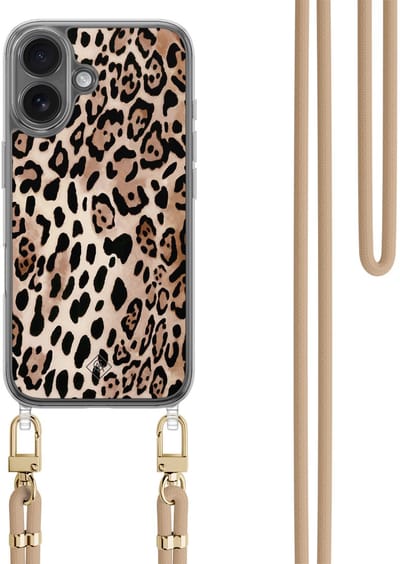 Casimoda® hoesje met beige koord - Geschikt voor iPhone 17 - Luipaard print bruin - Afneembaar koord - TPU/polycarbonaat - Bruin/beige