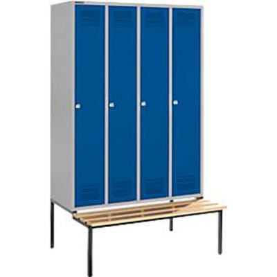 Schäfer Shop Genius Kledinglocker met zitbank, 4 compartimenten, cilinderslot, blank aluminium/gentiaanblauw