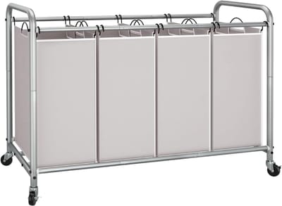 DYNA® Wasmand 4 Vakken - Wassorteerder - Waszak - Metaal Frame - Grijs - ‎100cm x 43cm x 80cm