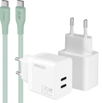 Phreeze usb C oplader 35 W - Power Delivery GaN snellader met 2 poorten + usb C kabel - S25 S24 S23 S22 en A55 A54 A53 Fold en Flip 5 6 7 - Super snelle oplader voor telefoon en tablet