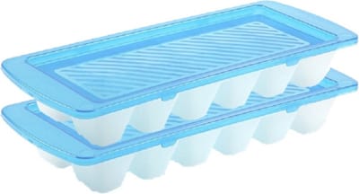Set van 2x stuks ijsblokjes/ijsklontjes maken bakjes met afsluitbare deksel blauw 28 cm - 12 stuks voor gekoelde drankjes