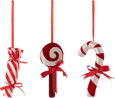 J-Line kersthanger Snoepje - textiel - rood/wit - 3 stuks