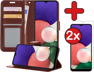 Hoesje - Met 2x Screenprotector - Geschikt voor Samsung Galaxy M22 - Luxe Pasjeshouder - Flip Case - Bookcase Portemonee - Kunstleer Book Case - Flipcase Hoes - Book Cover - Walletcase - Portemonneehoes - Telefoonhoes - Bruin