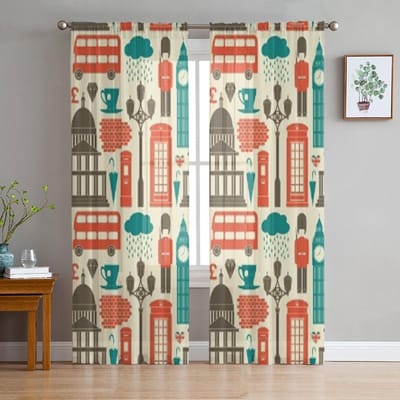 Londen Symbolen En Bezienswaardigheden Luxe Chiffon Transparante Gordijnen voor Woonkamer Slaapkamer Decoratie Raam Voiles Tule Gordijn 135W x 114H(cm)