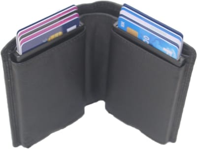Oi zwarte leren gewone maat portemonnee met dubbele Figuretta Cardprotector / compacte beurs met dubbele metalen pasjeshouder / 2 anti skim kastjes in portemonnee / portemonnee voor heel veel pasjes / zwart leer / 344