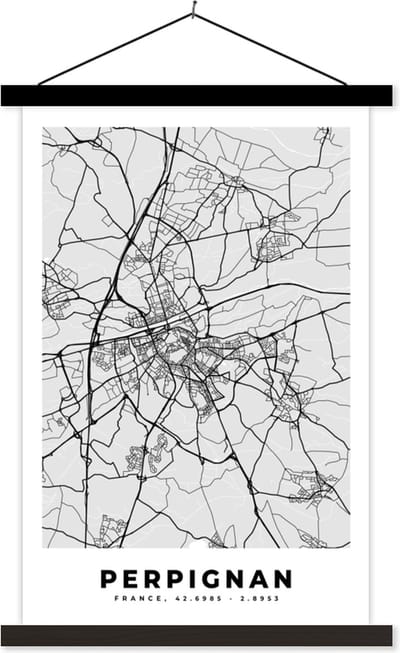 Posterhanger incl. Poster 40x60 cm - Schoolplaat - Plattegrond - Perpignan - Stadskaart - Kaart - Frankrijk - Textielposter - Zwarte latten - Stadskaart