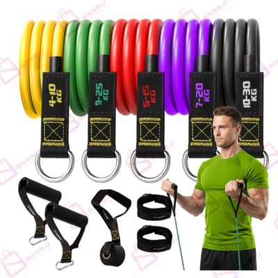 Resistance Bands Set 11-delig – Weerstandsbanden 4-30 kg – Inclusief Handgrepen, Enkelbanden en Deuranker – Fitness Elastieken voor Thuis en Sportschool – 56575