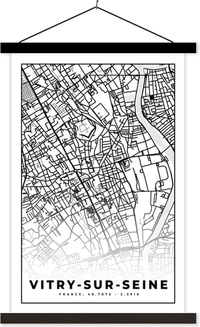Posterhanger incl. Poster 40x60 cm - Schoolplaat - Stadskaart - Plattegrond - Kaart - Vitry-sur-Seine - Frankrijk - Zwart wit - Textielposter - Zwarte latten - Stadskaart