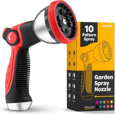 Hose Nozzle [Red] Heavy Duty Hose Sprayer With 10 Adjustable Watering Patterns. Thumb Control Design, Comfortable Ergonomic Grip, Garden Hose Nozzle for Watering Plants & Lawns/Fun Showers/Cleaning