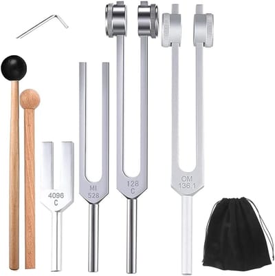 Dailygoods - 4 stuks stemvorkset (128 Hz, 136,1 Hz, MI 528 Hz, 4096 Hz), voor de genezing van chakra, klanktherapie, stressvermindering