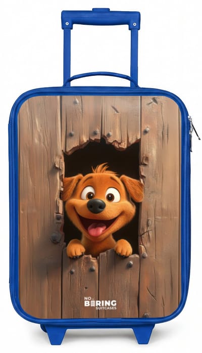 NoBoringSuitcases.com® - Kinderkoffer blauw - Kindertrolley jongen - Vrolijke hond kijkt door kapot houten hek - Koffer kind lichtgewicht - Reiskoffer trolley voor kinderen - Koffertje met lichtgevende wieltjes - Rolkoffer