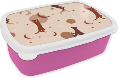 Broodtrommel Roze - Lunchbox - Brooddoos - Patronen - Kat - Maan - Pastel - Meisjes - Kinderen - Kids - 18x12x6 cm - Kinderen - Meisje