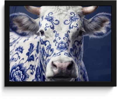 Poster in lijst - Fotolijst 40x30 cm - Posters - Koe - Delfts - Blauw - Artistiek - Posterlijst zwart - Decoratie - Wanddecoratie woonkamer - Muurdecoratie slaapkamer