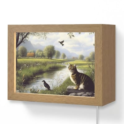 Wandlamp 20x15 cm - Oplaadbaar - Kat - Beekje - Weide - Wandlampen binnen woonkamer - Slaapkamer lamp met kabel - Decoratieve nachtlamp - Vloerlamp snoer