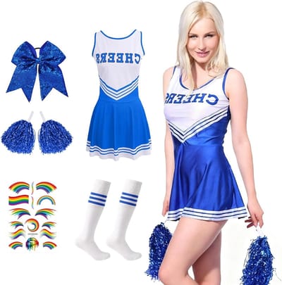 Volwassen Cheerleader Kostuum met Pompoms, Sokken en Haarbandjes, Perfect voor Rollenspel en Halloween Feestjes