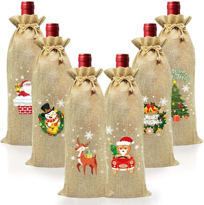 Dailygoods- Wijnzakken Herbruikbaar - Jute Wijnzakken - Kerstfleszakken - 6 Stuks - 35x15 cm - Duurzaam Materiaal - Wijnfleszak