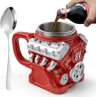 3D V8 Motors roestvrijstalen mok 300 ml - motorvorm koffiekopje voor thuis, reizen en autoliefhebbers, duurzaam en stijlvol