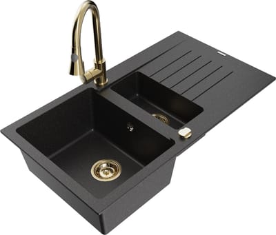 Mexen Matias granieten gootsteen 1,5-kamerig met afdruiprek en keukenmengkraan Elia, zwart/zilver metallic - 6502-73-670101-50