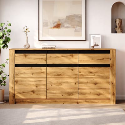 Clruro Dressoir - 135 x 35 x 70 cm - reliëffront en met glas - Spaanplaat - Naturel + zwart
