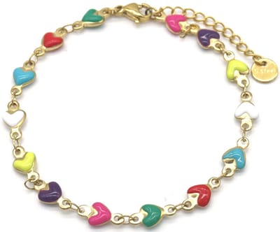 Armband Dames - Hartjes - RVS - Lengte 17-21 cm - Goudkleurig en Multicolor – valentijn – cadeau