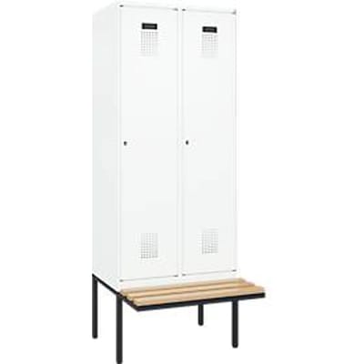 Kleiderspind C+P Evolo Plus, 2 Abteile à 400 mm Breite, schwebende Sitzbank, B 800 x T 815 x H 2120 mm, Zylinder, verkehrsweiß/verkehrsweiß