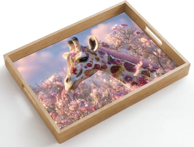 Dienblad hout 50x35 cm - Schootdienblad - Giraffe - Bloemen - Roze - Borrelplank rechthoek - Plateau dienbladen