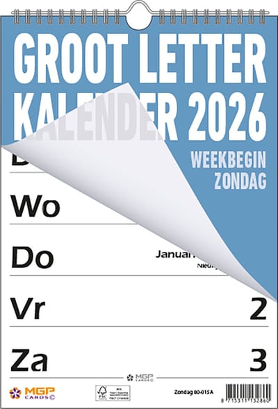 MGPcards - Grootletter kalender 2026 - Grootcijfer kalender - Week Planner - Week begint op zondag - 21 x 34 cm - Licht blauw