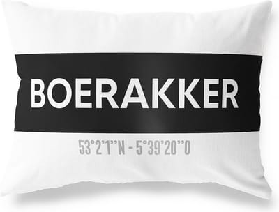 Tuinkussen BOERAKKER - GRONINGEN met coördinaten - Buitenkussen - Bootkussen - Weerbestendig - Jouw Plaats - Studio216 - Modern - Zwart-Wit - 50x30cm