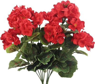 SnelShoppen - 2 bundels kunstbloemen, kunstgeraniums, zijden bloemen, UV-bestendig, rood, nep geranium, decoratie voor bruiloft, huis, balkon, tuin, r