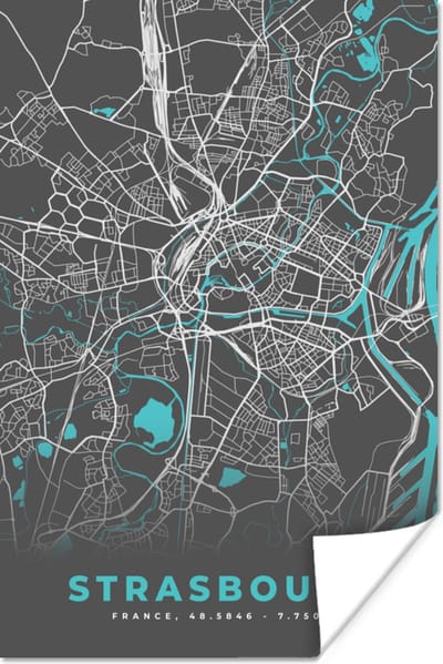Poster Strasbourg - Frankrijk - Plattegrond - Kaart - Stadskaart - 120x180 cm XXL