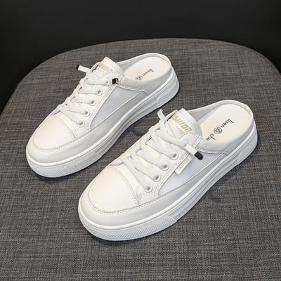 Echt Leer Platte Neus Half Slippers Dames Zomer Nieuw Mesh Ademend Hakvrij Luie Schoenen Witte Schoenen 35 gray
