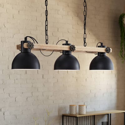 EGLO Hanglamp Lubenham, zwart/licht hout, lengte 90 cm, 3-lamps.