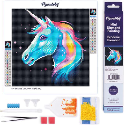 Figured'Art Mini Diamond Painting set Volwassenen 25x25 cm Neon Eenhoorn - 5D DIY Art full drill ronde diamant - Opgerold canvas