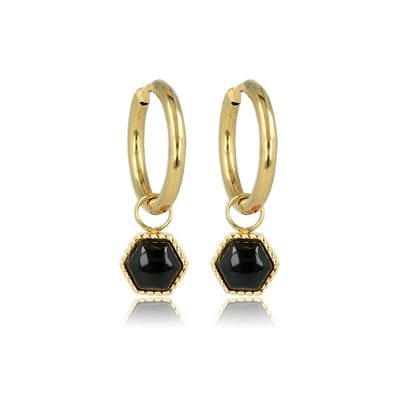 My Bendel - Oorbellen Goudkleurig Zeshoek met Onyx Edelsteen - Zeshoekige Onyx Oorbellen In Goudkleurig - met Luxe Cadeauverpakking | Sieraden Voor Dames