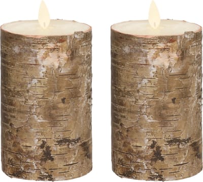 Anna's Collection Led kaars/stompkaars - 2x stuks - bruin - berkenhout - H12,5 x D7,5 cm - wax - bewegende vlam